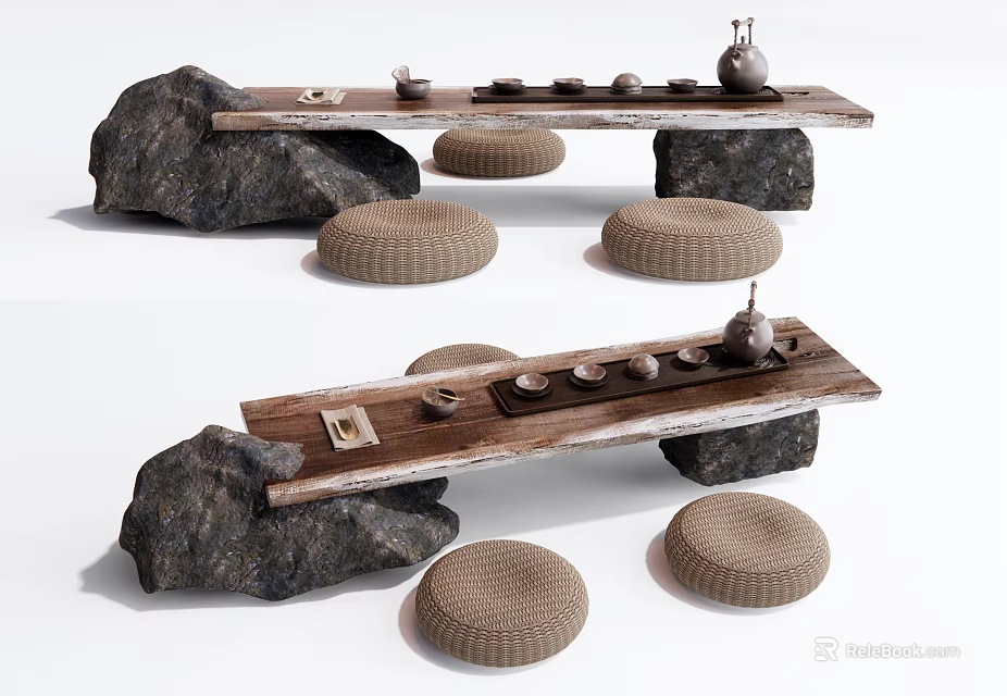 Natural Style Tea Table Set With Rock Base And Woven Stools For Tea Ceremony 3d model 
