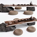 Natural Style Tea Table Set With Rock Base And Woven Stools For Tea Ceremony