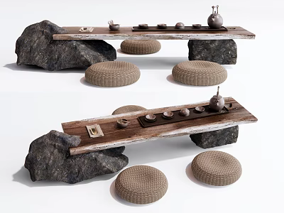 Natural Style Tea Table Set With Rock Base And Woven Stools For Tea Ceremony 3d model