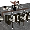 Modern Luxury Dining Table Set With Marble Top Gold Accent Chairs And Floral Vase