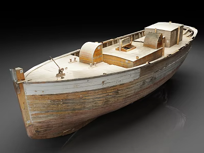 Vintage Wooden Boat Model With Weathered Hull And Detailed Cabin Structure 3d model