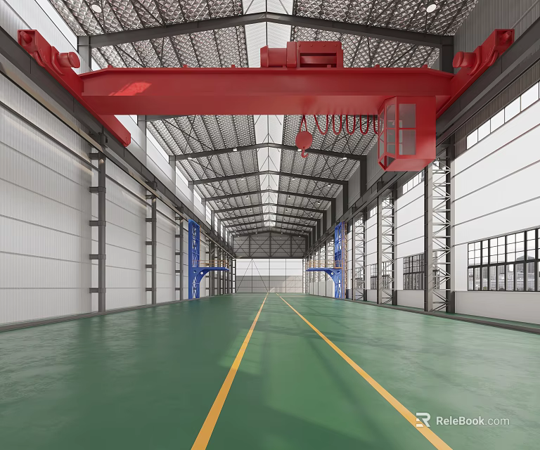 Industrial Warehouse Interior Featuring Red Overhead Crane Green Floor Yellow Lines And Metal Roof 3d model 