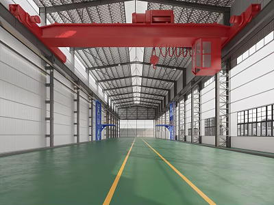 Industrial Warehouse Interior Featuring Red Overhead Crane Green Floor Yellow Lines And Metal Roof 3d model