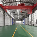 Industrial Warehouse Interior Featuring Red Overhead Crane Green Floor Yellow Lines And Metal Roof