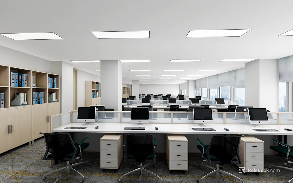 Modern Open Public Office Space With Workstations Computers Storage Cabinets And Large Windows 3d model