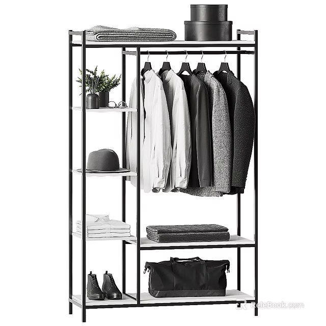 Modern Entryway Cabinet Sideboard With Hanging Clothes Storage Shelves And Decorative Plant 3d model 