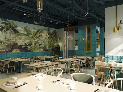Modern Restaurant Interior With Tropical Plant Mural Blue Tiled Walls And Wooden Tables 3d model