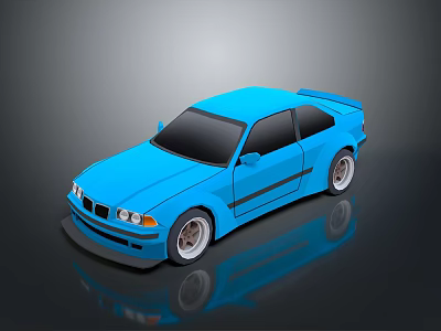 Blue Two Door Coupe With Rear Spoiler And Alloy Wheels On Dark Reflective Surface 3d model