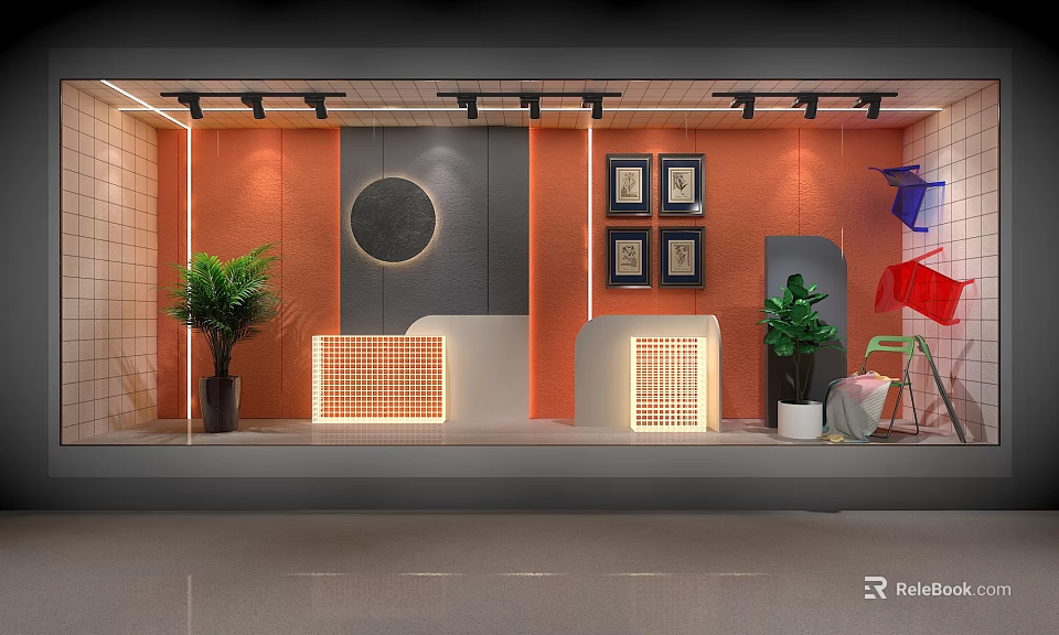 Modern Orange Window Display With Framed Artworks Green Plants And Geometric Screens 3d model 