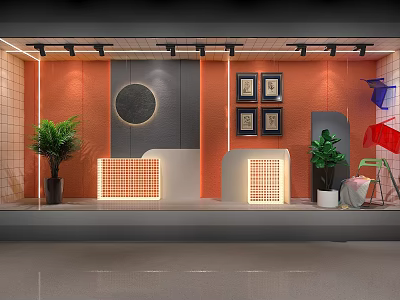 Modern Orange Window Display With Framed Artworks Green Plants And Geometric Screens 3d model