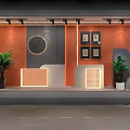 Modern Orange Window Display With Framed Artworks Green Plants And Geometric Screens