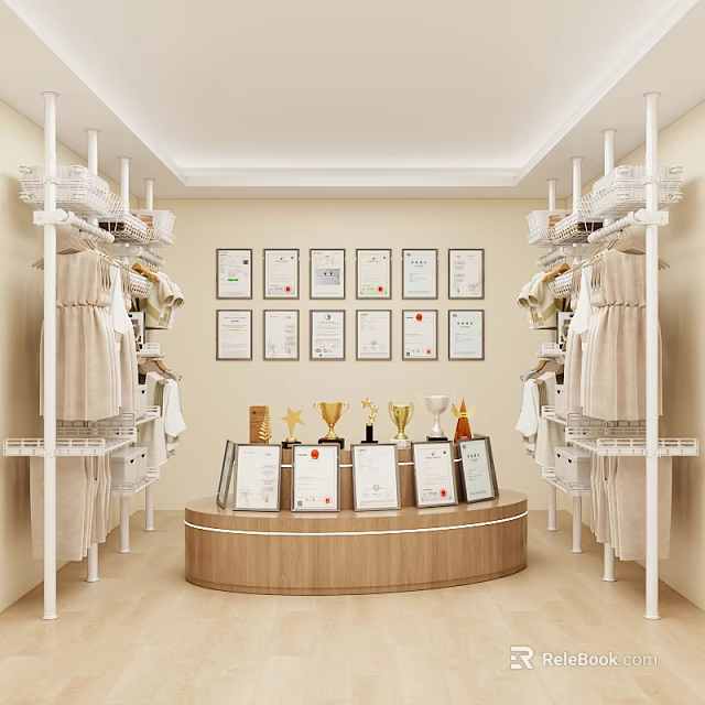 Modern Wardrobe Interior With White Racks Hanging Clothes Wall Certificates Central Display Table And Trophies 3d model 