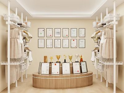 Modern Wardrobe Interior With White Racks Hanging Clothes Wall Certificates Central Display Table And Trophies 3d model
