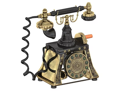 Elegant Vintage Household Telephone With Brass Black Design Rotary Dial And Curly Cord 3d model