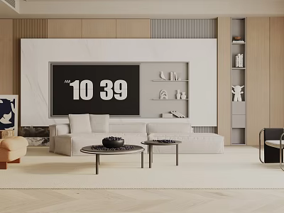 Modern Living Room Interior With Large TV Screen White Sofa Coffee Tables And Wooden Wall 3d model