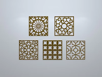 Intricately Carved Square Lattice Windows With Five Different Decorative Patterns 3d model