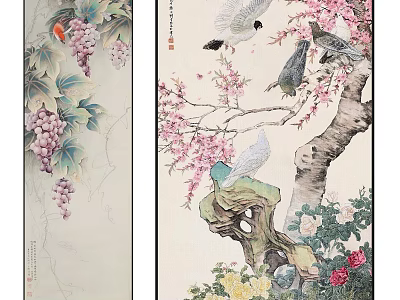 Traditional Chinese Botanical Paintings With Grape Vines Cherry Blossoms Birds And Butterflies 3d model