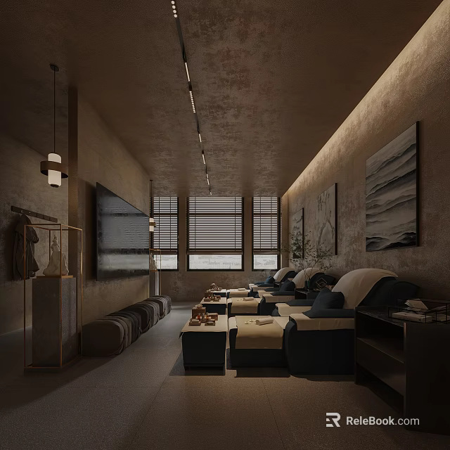 Modern SPA Sauna Lounge With Comfortable Sofa Coffee Table TV Windows And Decorative Paintings 3d model 