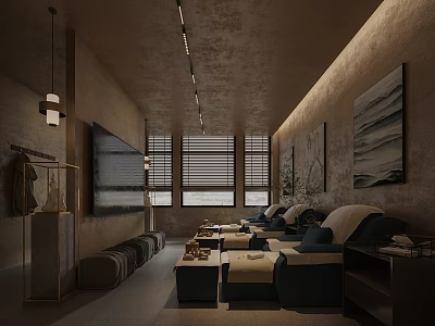 Modern SPA Sauna Lounge With Comfortable Sofa Coffee Table TV Windows And Decorative Paintings 3d model