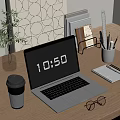 Open Laptop on Wooden Desk with Coffee Cup Green Plant Eyeglasses Notebook and Pen
