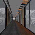 Modern Office Corridor Interior With Glass Partitions Blinds Carpet And Ceiling Light Strips