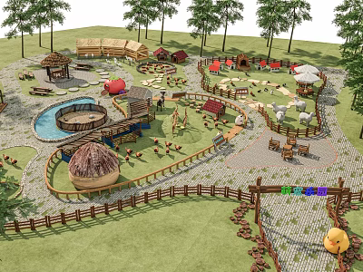 Rural Countryside Landscape With Wooden Fences Playground And Natural Elements 3d model