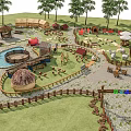 Rural Countryside Landscape With Wooden Fences Playground And Natural Elements