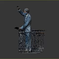 Man in blue suit waving hand behind blue iron railing with intricate floral design