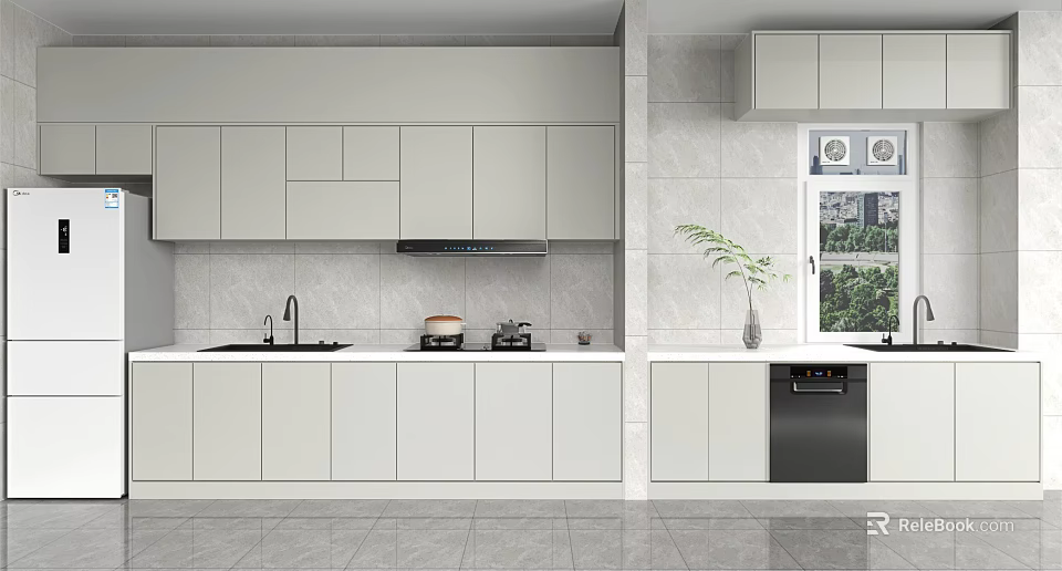 Modern Neat Kitchen Sideboard With White Cabinets Gray Countertop Green Plant And Tile Wall 3d model 