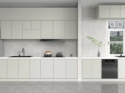 Modern Neat Kitchen Sideboard With White Cabinets Gray Countertop Green Plant And Tile Wall 3d model