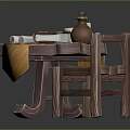 Rustic Wooden Furniture Set With Round Table Chair Books Scrolls And Clay Pot
