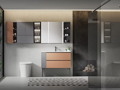 Modern Bathroom Interior With Vanity Mirror Toilet Shower Area Gray Stone Walls And Shelves 3d model