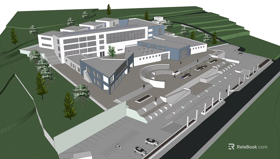 Campus Area With Connected Buildings Surrounding Trees Lawns Parking And Roadways 3d model 