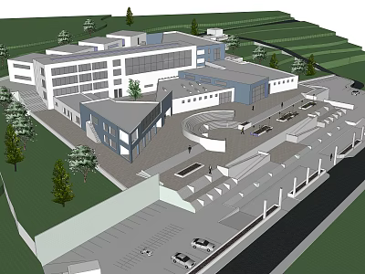Campus Area With Connected Buildings Surrounding Trees Lawns Parking And Roadways 3d model