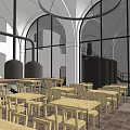 Spacious Restaurant Interior Featuring Wooden Tables Chairs Mezzanine Black Railings And Arched Ceilings