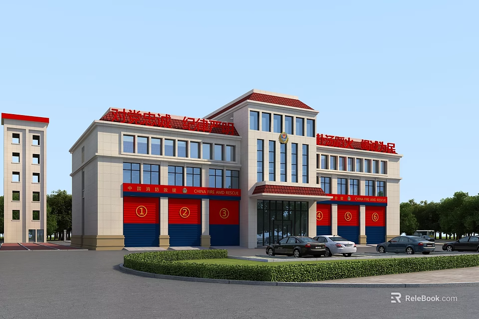 Modern Office Building Featuring Red Roof Red Banners Light Exterior Windows and Parking 3d model 