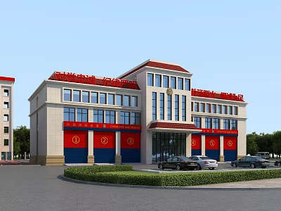 Modern Office Building Featuring Red Roof Red Banners Light Exterior Windows and Parking 3d model