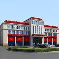 Modern Office Building Featuring Red Roof Red Banners Light Exterior Windows and Parking