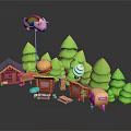 Cute Cartoon Scene With Rainbow Pig Green Trees Small Wooden House Hamburger And Ice Cream Buildings