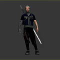 Man with Mechanical Arm and Long Rifle in Cyberpunk Gray Vest and Black Pants