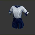 White Blouse With Blue Collar Trim And Bow Cuffs Paired With Blue Pleated Skirt