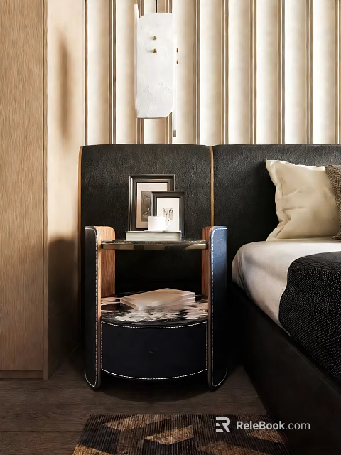 Modern Leather Wood Nightstand Design With Photo Frames Books And Bedside Decor 3d model 