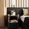 Modern Leather Wood Nightstand Design With Photo Frames Books And Bedside Decor