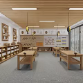 School Woodworking Classroom With Wooden Tables Tools Shelves And Open Layout