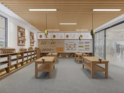 School Woodworking Classroom With Wooden Tables Tools Shelves And Open Layout 3d model