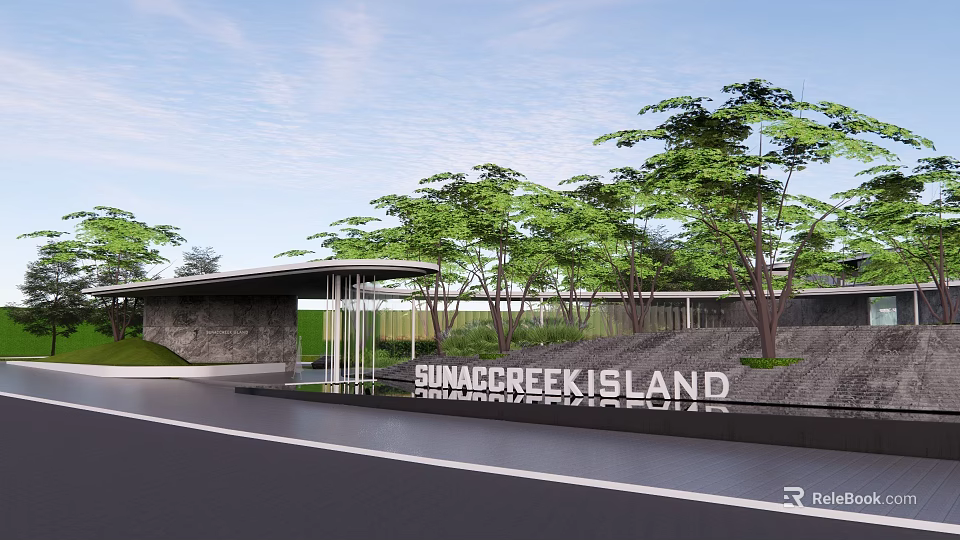 Sumacreek Island Garden Landscape Design with Green Trees Lawn and Modern Entrance 3d model 