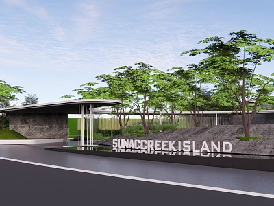 Sumacreek Island Garden Landscape Design with Green Trees Lawn and Modern Entrance 3d model