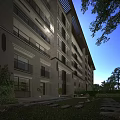 Modern Residential Building Exterior Featuring Large Windows Balconies Lawn Stone Pathway Outdoor Seating And Greenery