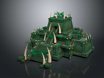 Cartoon Scene Featuring Green Pyramid With Steps Decorative White Spikes And Multi Level Lighting 3d model