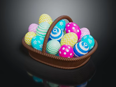 Brown Woven Furniture Basket Decorative Storage Filled With Colorful Easter Eggs 3d model